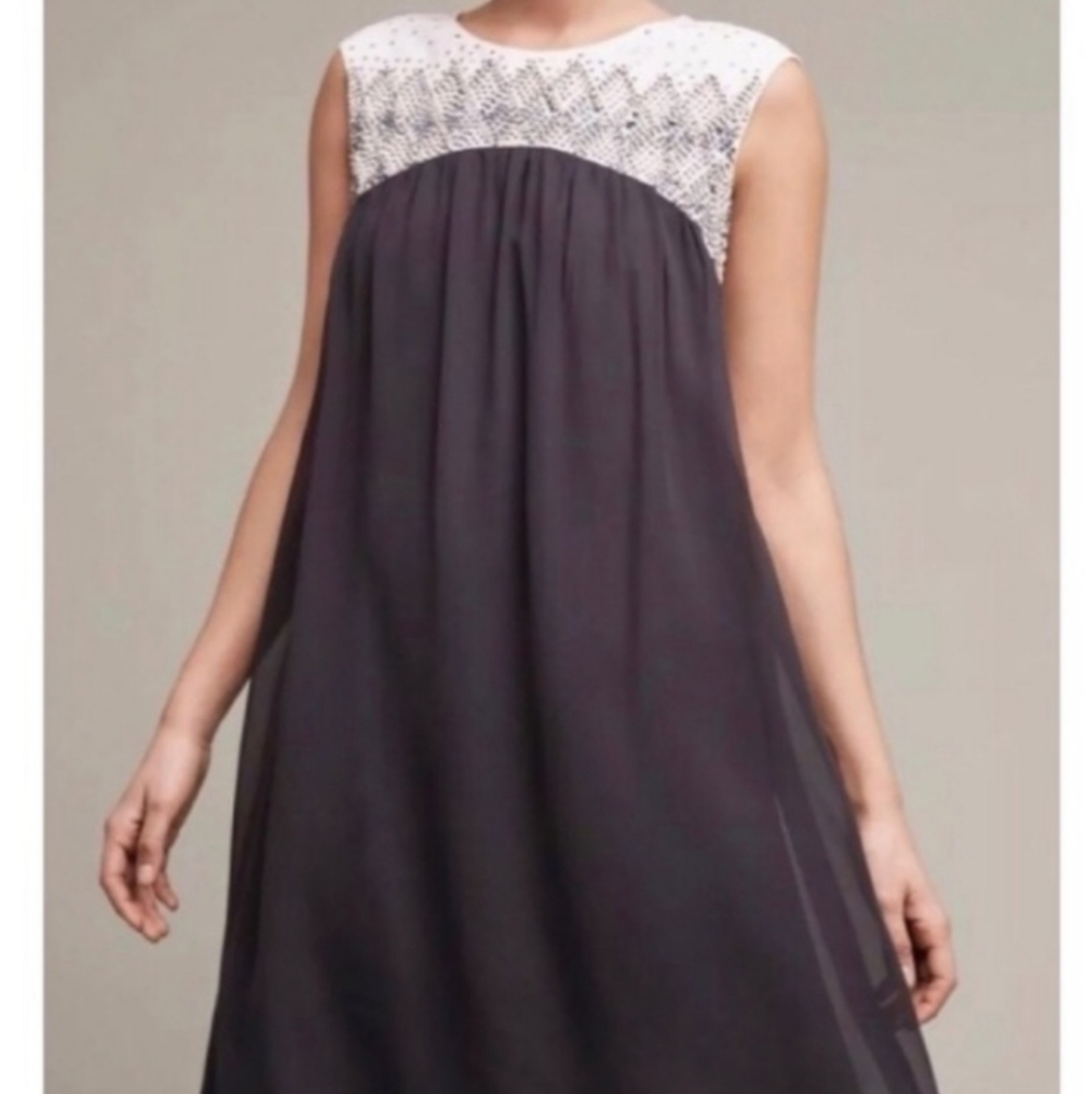Anthropologie Black Midi Dress with White Lace Yoke